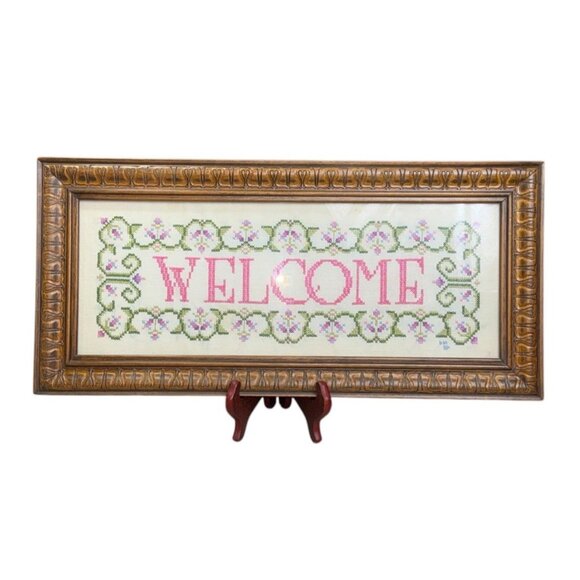 VTG? 1984? Hand Made "Welcome" Cross Stitch Plastic Framed Pink Green 22.5' L - Picture 1 of 9